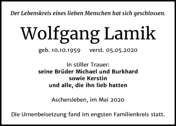 Traueranzeige von Wolfgang Lamik von Super Sonntag Aschersleben