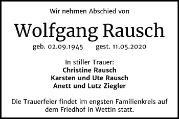 Traueranzeige von Wolfgang Rausch von Mitteldeutsche Zeitung Halle/Saalkreis