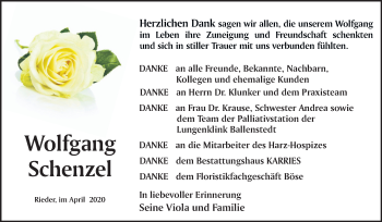 Traueranzeige von Wolfgang Schenzel von Super Sonntag Quedlinburg