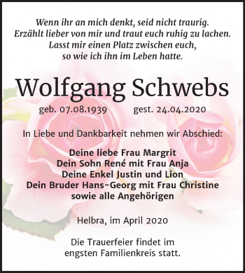 Traueranzeige von Wolfgang Schwebs von Mitteldeutsche Zeitung Mansfelder Land
