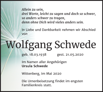 Traueranzeige von Wolfgang Schwede von Super Sonntag Wittenberg