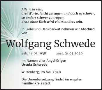 Traueranzeige von Wolfgang Schwede von Mitteldeutsche Zeitung Wittenberg