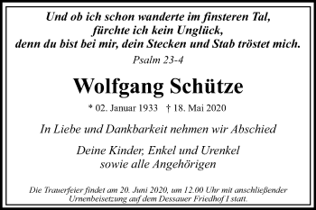 Traueranzeige von Wolfgang Schütze von Mitteldeutsche Zeitung Dessau-Roßlau