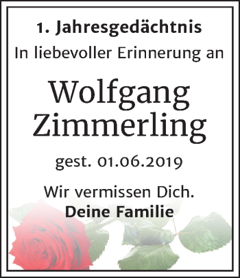 Traueranzeige von Wolfgang Zimmerling von Mitteldeutsche Zeitung Bernburg