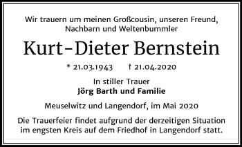 Traueranzeige von Kurt-Dieter Bernstein von Super Sonntag Zeitz
