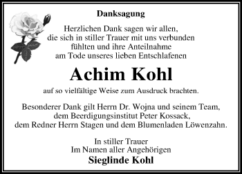 Traueranzeige von Achim Kohl von Super Sonntag Wittenberg