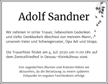 Traueranzeige von Adolf Sandner von Super Sonntag Dessau-Roßlau