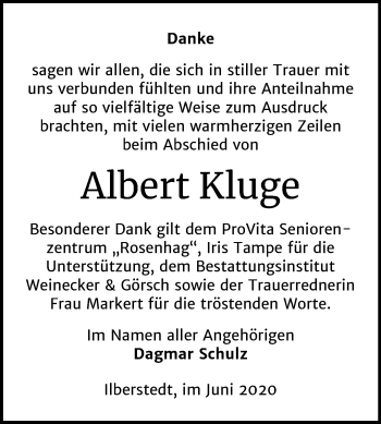 Traueranzeige von Albert Kluge von Super Sonntag Bernburg