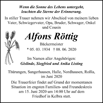 Traueranzeige von Alfons Röttig von Mitteldeutsche Zeitung Sangerhausen