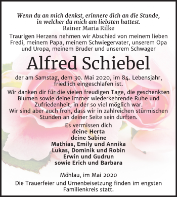Traueranzeige von Alfred Schiebel von Mitteldeutsche Zeitung Wittenberg