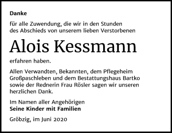 Traueranzeige von Alois Kessmann von Mitteldeutsche Zeitung Köthen