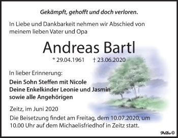 Traueranzeige von Andreas Bartl von Super Sonntag Zeitz