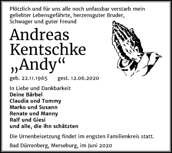 Traueranzeige von Andreas Kentschke von Super Sonntag Merseburg/Querfurt