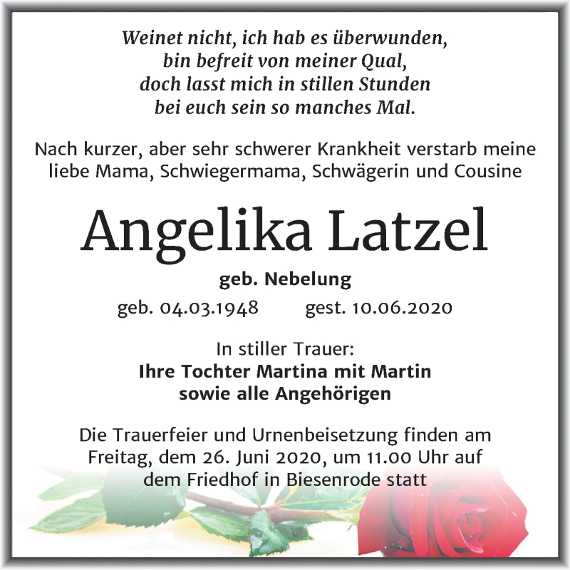  Traueranzeige für Angelika Latzel vom 13.06.2020 aus Mitteldeutsche Zeitung Mansfelder Land