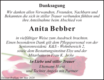 Traueranzeige von Anita Bebber von Super Sonntag Dessau-Roßlau