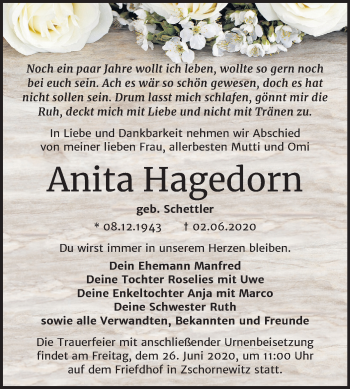 Traueranzeige von Anita Hagedorn von Mitteldeutsche Zeitung Wittenberg