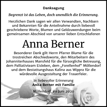 Traueranzeige von Anna Berner von Mitteldeutsche Zeitung Mansfelder Land
