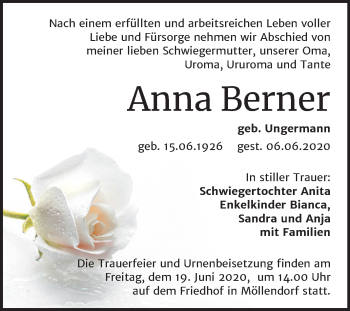 Traueranzeige von Anna Berner von Mitteldeutsche Zeitung Mansfelder Land