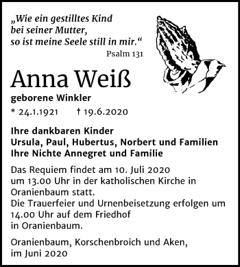 Traueranzeige von Anna Weiß von Mitteldeutsche Zeitung Wittenberg