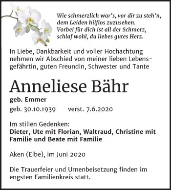 Traueranzeige von Anneliese Bähr von Mitteldeutsche Zeitung Köthen