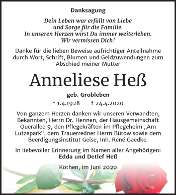 Traueranzeige von Anneliese Heß von Super Sonntag Köthen