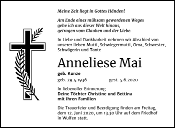 Traueranzeige von Anneliese Mai von Mitteldeutsche Zeitung Köthen