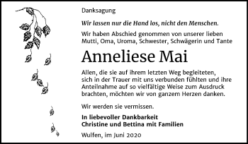 Traueranzeige von Anneliese Mai von Mitteldeutsche Zeitung Köthen
