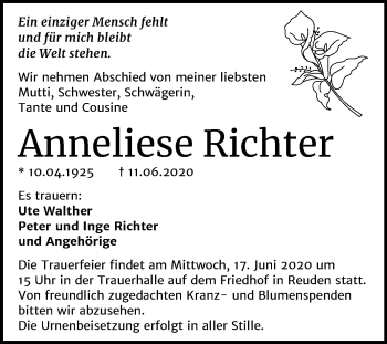 Traueranzeige von Anneliese Richter von Wochenspiegel Bitterfeld