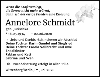 Traueranzeige von Annelore Schmidt von Super Sonntag Wittenberg