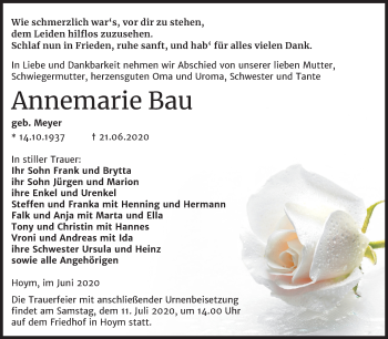 Traueranzeige von Annemarie Bau von Super Sonntag Aschersleben