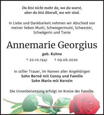Traueranzeige von Annemarie Georgius von Super Sonntag Bernburg