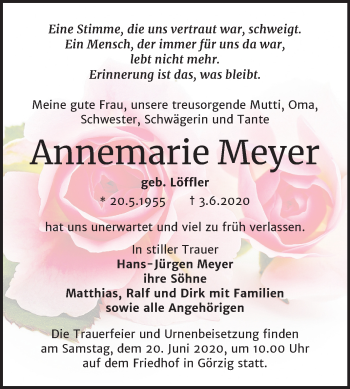 Traueranzeige von Annemarie Meyer von Mitteldeutsche Zeitung Köthen