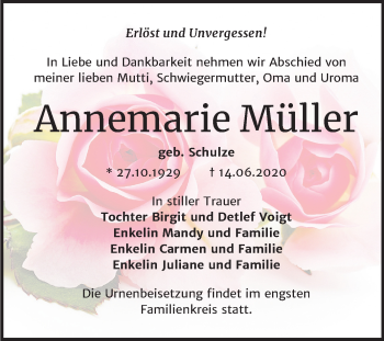 Traueranzeige von Annemarie Müller von Mitteldeutsche Zeitung Wittenberg