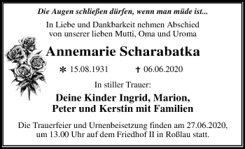 Traueranzeige von Annemarie Scharabatka von Mitteldeutsche Zeitung Dessau-Roßlau