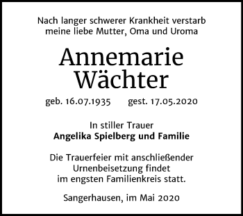Traueranzeige von Annemarie Wächter von Mitteldeutsche Zeitung Sangerhausen