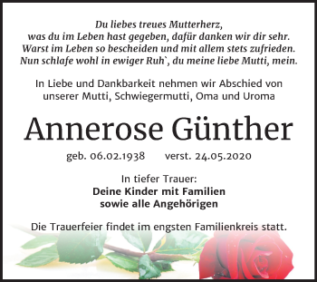 Traueranzeige von Annerose Günther von Wochenspiegel Weißenfels