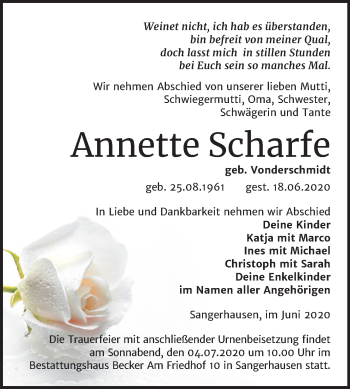 Traueranzeige von Annette Scharfe von Mitteldeutsche Zeitung Sangerhausen