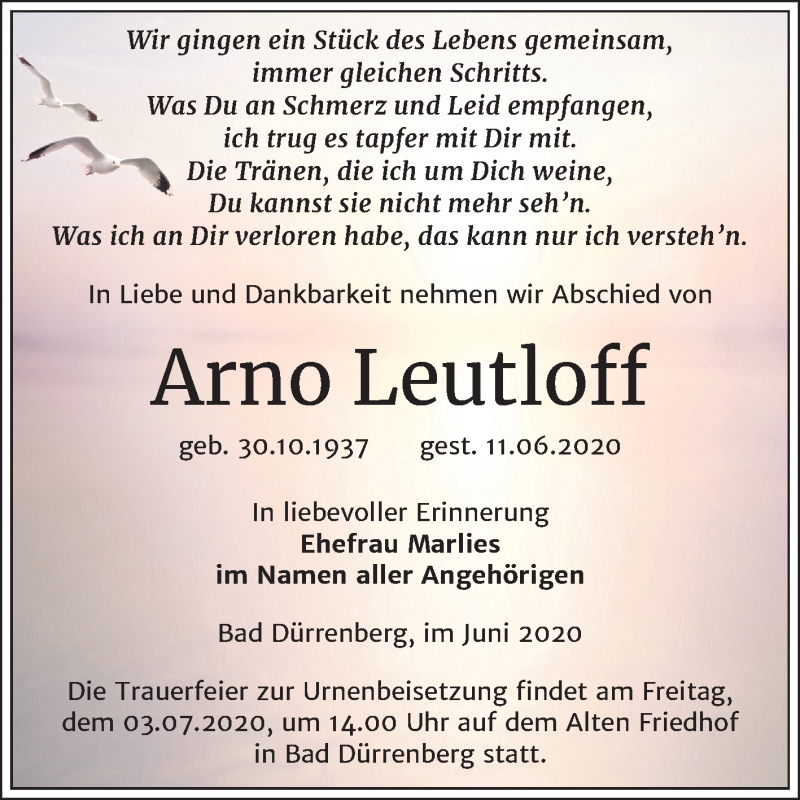  Traueranzeige für Arno Leutloff vom 20.06.2020 aus Super Sonntag Merseburg/Querfurt