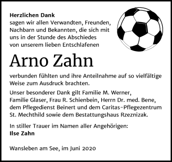 Traueranzeige von Arno Zahn von Mitteldeutsche Zeitung Mansfelder Land