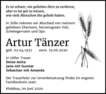 Traueranzeige von Artur Tänzer von Mitteldeutsche Zeitung Merseburg/Querfurt