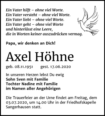 Traueranzeige von Axel Höhne von Mitteldeutsche Zeitung Sangerhausen