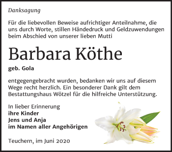 Traueranzeige von Barbara Köthe von Wochenspiegel Weißenfels