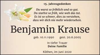 Traueranzeige von Benjamin Krause von Mitteldeutsche Zeitung Köthen