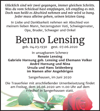 Traueranzeige von Benno Lensing von Super Sonntag Sangerhausen