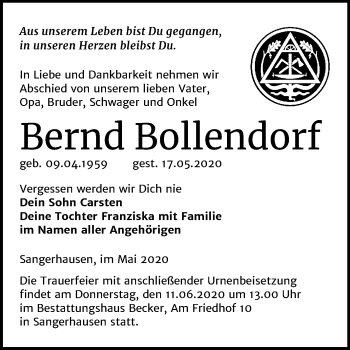 Traueranzeige von Bernd Bollendorf von Super Sonntag Sangerhausen