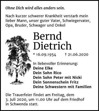 Traueranzeige von Bernd Dietrich von Super Sonntag Sangerhausen