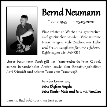 Traueranzeige von Bernd Neumann von Wochenspiegel Naumburg/Nebra