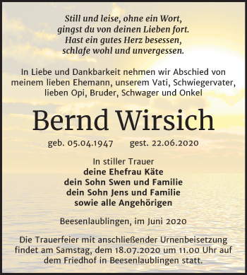 Traueranzeige von Bernd Wirsich von Super Sonntag Bernburg