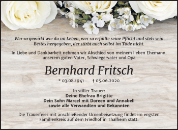 Traueranzeige von Bernhard Fritsch von Mitteldeutsche Zeitung Bitterfeld