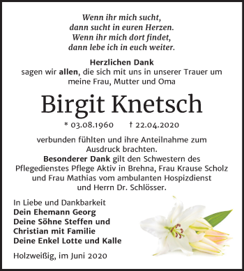 Traueranzeige von Birgit Knetsch von Wochenspiegel Bitterfeld
